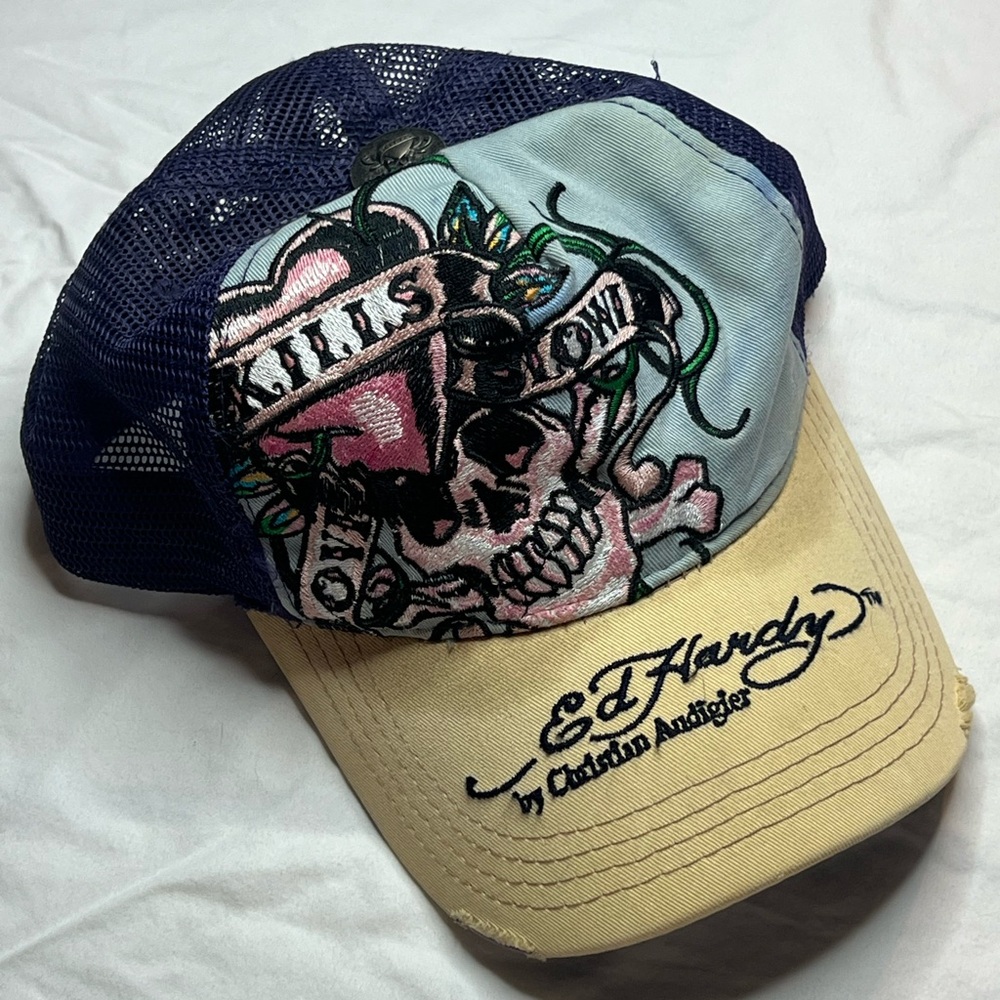 Ed Hardy Blue and Tan Skull Trucker Hat